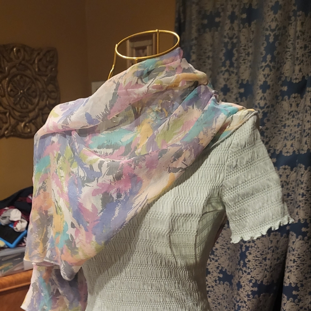 Micro Mint Dress, Lettuce Hem with  Silk Floral Shawl. Mint green bodycon.